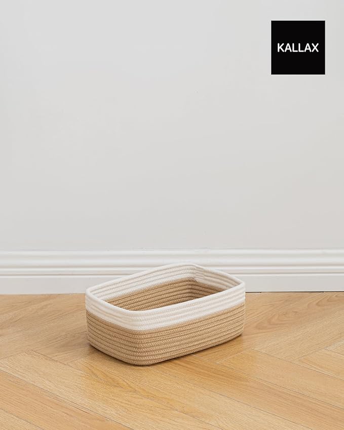 Small Woven Basket, 12 x 8 x 4.5 Inches, Storage Basket for Organizing, Cute Small Rope Shelf Closet Cube Storage Bins Baskets for Shelves, Dog Toy Gift Baskets Empty, 3 Pack White & Brown