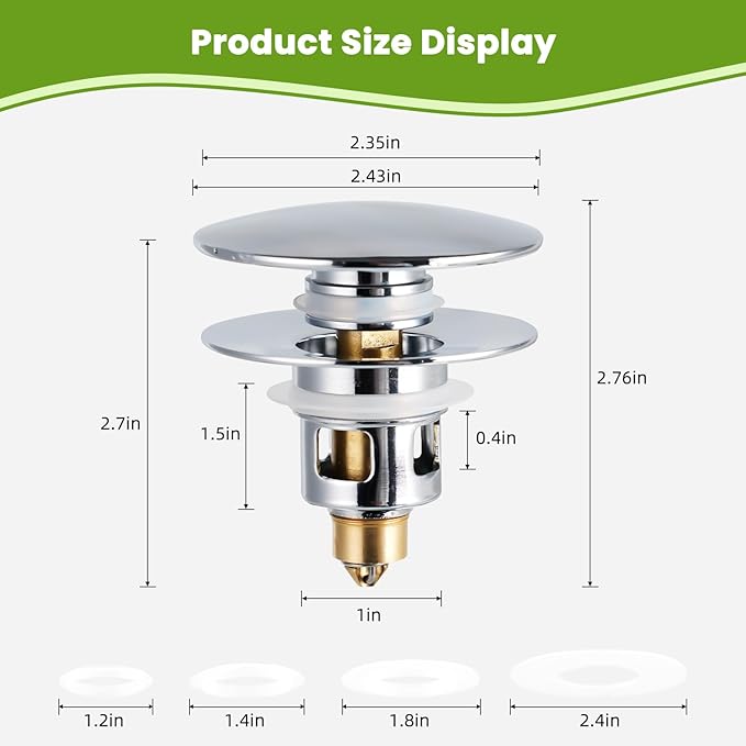 Universal Bathroom Sink Drain Strainer Hair Catcher Upgraded with Removable Stainless Steel Filter Basket, 2 in 1 Pop Up Sink Stopper for 1.1''~2.36'' Sink Basin Hole, Big Cover Cap, Chrome