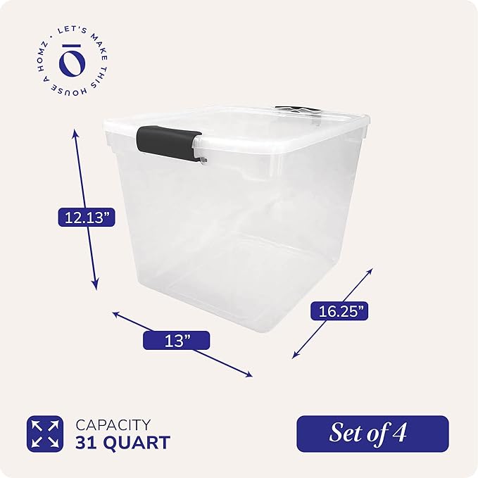 HOMZ 4-Pack Latching Lid, Large Clear Plastic Storage Bins with Lids, 31 Quart, Gray Latch - Stackable Container Boxes for Home, Bathroom, and Office Organization