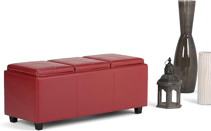 SIMPLIHOME Avalon 42 inch Wide Contemporary Rectangle Storage Ottoman in Red Vegan Faux Leather, Assembled, for the Living Room, Entryway and Family Room