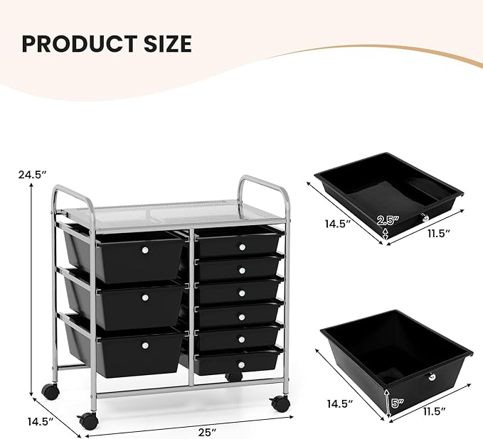 GOFLAME 9-Drawer Rolling Storage Cart, Mobile Utility Cart with Removable Drawers & Metal Frame, Art Craft Organizer Cart with Lockable Wheels, Storage Drawer Cart for Home Office School, Black