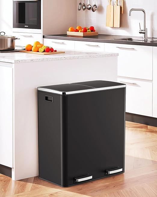 AthLike 60L(16 Gal) Dual Trash Can, Stainless Steel Kitchen Garbage Can, Double Compartment Classified Rubbish Bin, Recycle Dustbin w/Plastic Inner Buckets, Soft-Close Lid, Airtight, Black