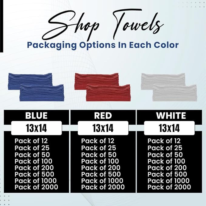 Auto Mechanic Shop Towels (13"x14"), 12 Pack (White) - 100% Cotton Commercial Grade Rags for Cleaning & Maintenance, Garage Supplies - Professional Mechanics Reusable Wipes
