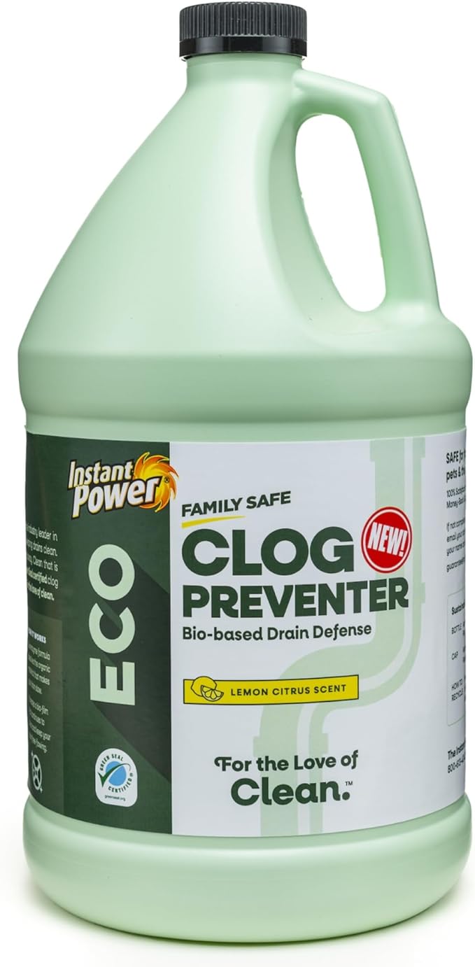 Instant Power Eco Clog Preventer - Enzyme Drain Cleaner Liquid and Deodorizer for Sink, Shower, Toilet, Garbage Disposal Cleaner, Bio-Based Drain Defense, Smell Remover and Odor Eliminator - 1 Gallon