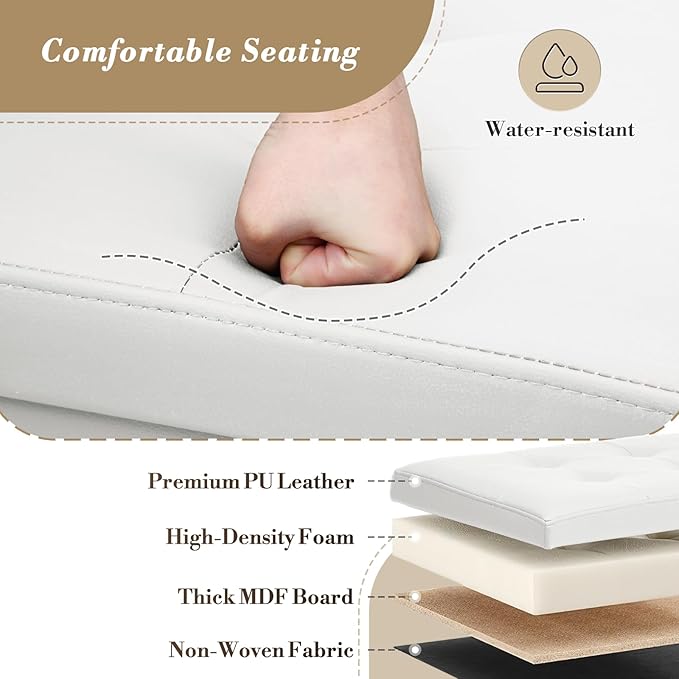 Athena Collection 30" Storage Ottoman Bench Folding Bench with 90L Hidden Storage, Large End of Bed Bench PU Leather Foot Rest Stool Chest with Flipping Lid for Living Room, Bedroom, Entryway, White