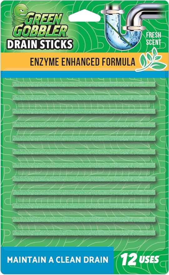 Green Gobbler Drain Cleaner and Deodorizer Sticks with Enzymes - Maintain a Clean Drain, Safe for Pipes and Septic Tanks, Use Monthly - 12 Pack