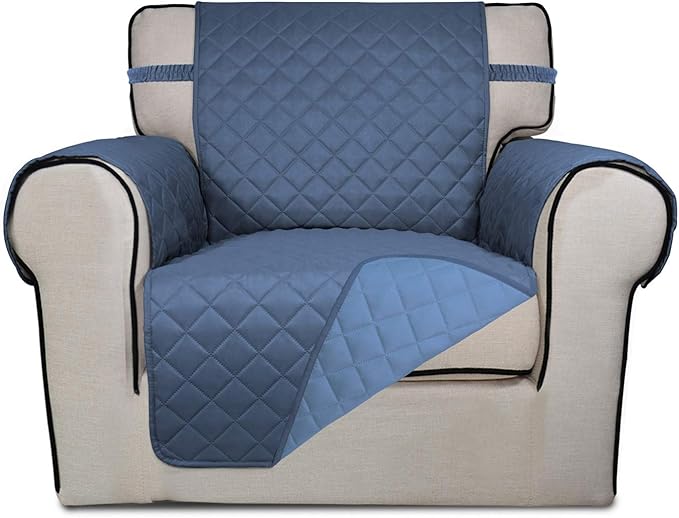 PureFit Reversible Quilted Sofa Cover, Water Resistant Slipcover Furniture Protector, Washable Couch Cover with Non Slip and Elastic Straps for Kids, Dogs, Pets (Chair, Dark Blue/Light Blue)