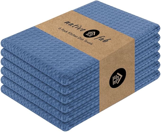 Native Fab Cotton Kitchen Towel with Hanging Loop 16x26 inches, 6-Pack, Waffle Weave Kitchen Towels for Cleaning Drying, Washcloths Soft & Absorbent Cloth Rags, Bar Towel, Dish Cloth, Sky Blue