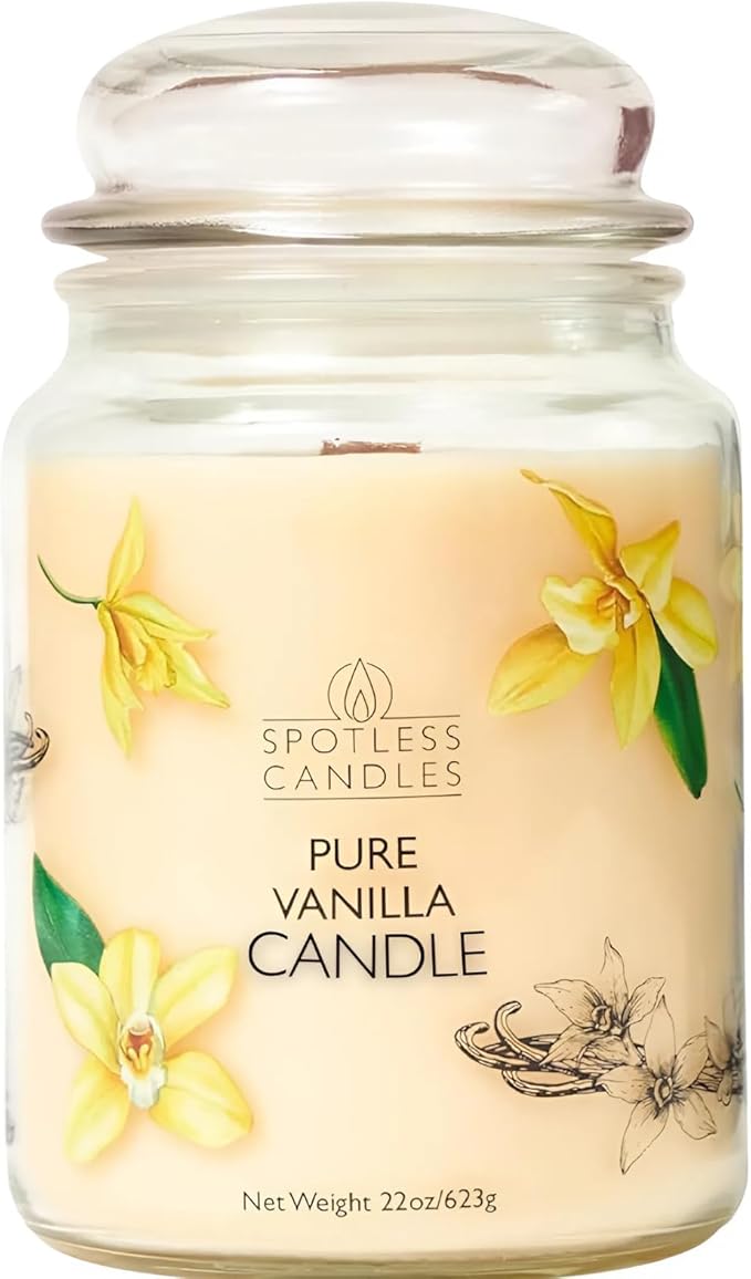 Vanilla Candle 22oz 16" x 9" Reusable Jar Candle 130 Hours Long Burn Time with Wooden Wick in Presentation Gift Box & Protective Shipper Spotless Leopard