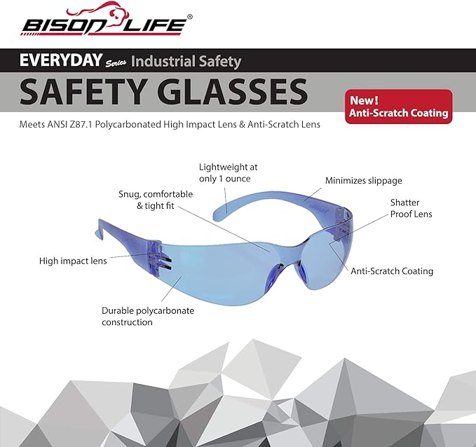 BISON LIFE Safety Glasses - Scratch Resistant Wrap Around Eyewear, Polycarbonate ANSI Z87.1 Impact Resistant Lens
