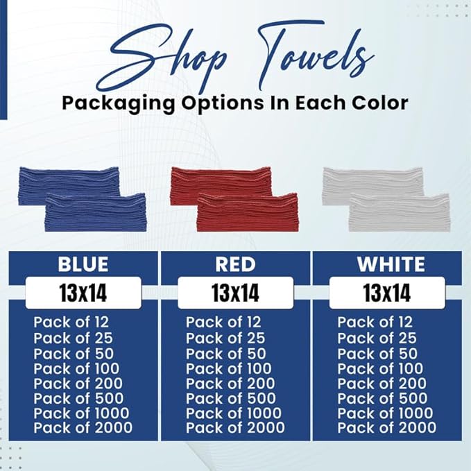 Shop Towels (Blue, 200-Pack) - Bulk Cleaning Towel in a Bag, Mechanic Cotton Wipes for Car Maintenance, Auto Mechanics & Garage, Wipe Grease & Oil, Machine Wash & Reusable