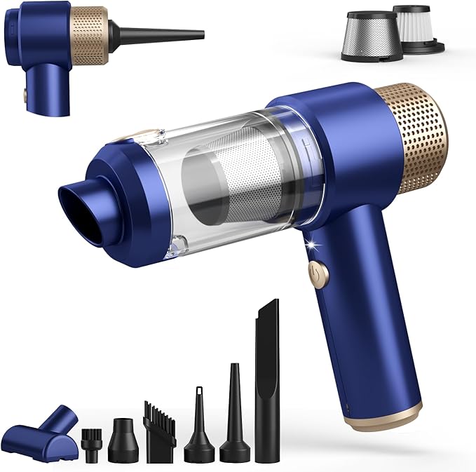 Car Vacuum Cleaner, 16000PA Mini Car Vacuum Cordless Powerful, 7 in 1 Portable Handheld Vacuum Cordless with LED Light, Dual Filters, One-Touch Empty for Pet Hair, Home, Office