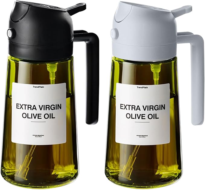 TrendPlain - Original 16oz/470ml Olive Oil Dispenser Bottle for Kitchen Gadgets and Air Fryer Accessories - Olive Oil Sprayer for Cooking w/Stickers - Black&Ash