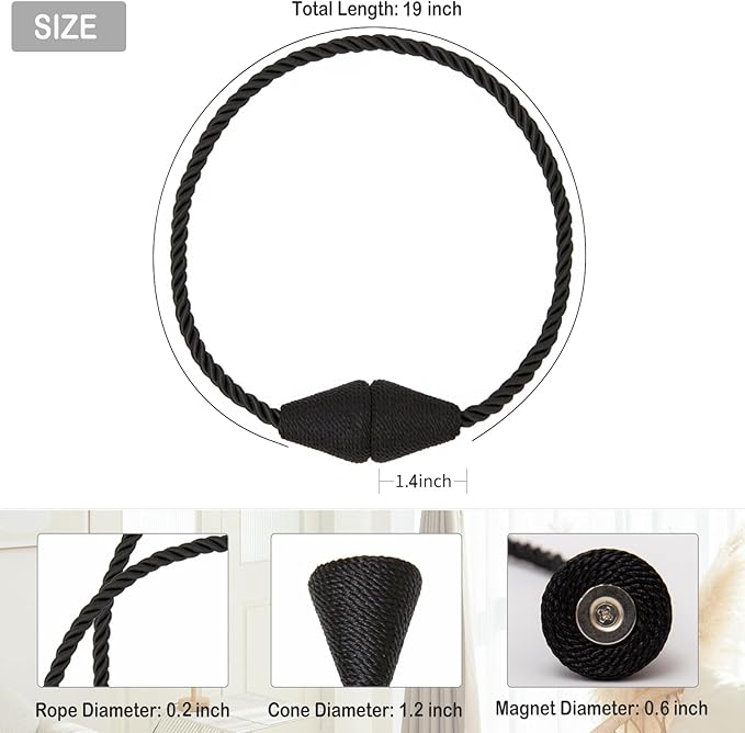 Magnetic Curtain Tiebacks 2 Pack Outdoor Rope Curtain Tie Backs Decorative Window Treatment Holdbacks for Home Decorative Curtain, Black