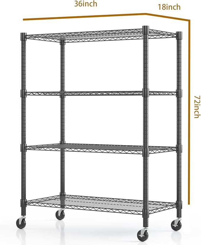 Himimi 18" D×36" W×72" H Storage Shelves with Wheels Metal Wire Shelving Unit 4 Tier Adjustable Shelving Heavy Duty Garage Shelf Organizer Rack Loads 1600LBS，Black