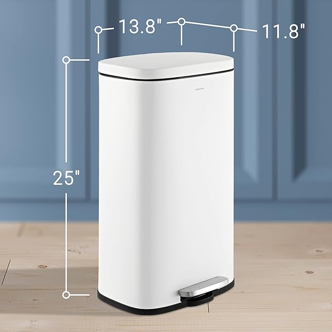 happimess HPM1011C Curtis 8-Gallon Step-Open Trash Can with Soft-Close Lid, Modern, Minimalistic, Fingerprint Proof for Home, Kitchen, Laundry Room, Office, Bedroom, Bathroom, White