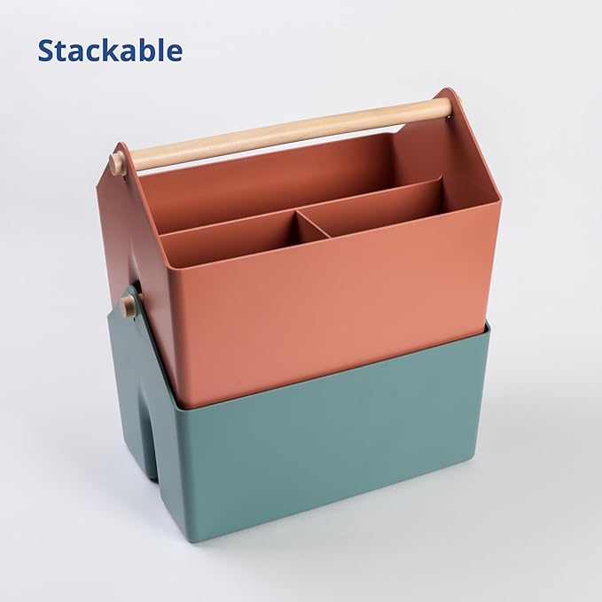 BLUE GINKGO Medium Storage Basket – Plastic Caddy with Wooden Handle for Office, Arts & Crafts, or Home Supplies (Green)