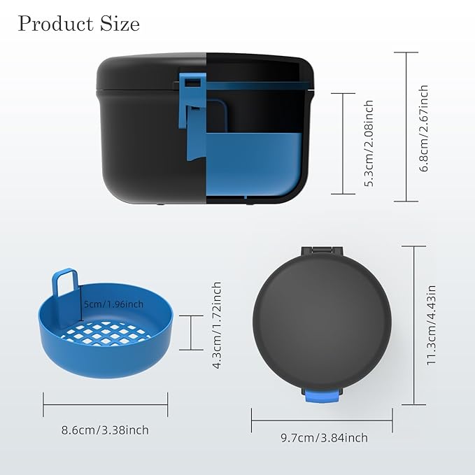 BVN Leak-Proof Denture Bath Cup for Travel, Denture Cup for Soak Dentures, Retainer Cleaning Case with Strainer (Black + Blue)