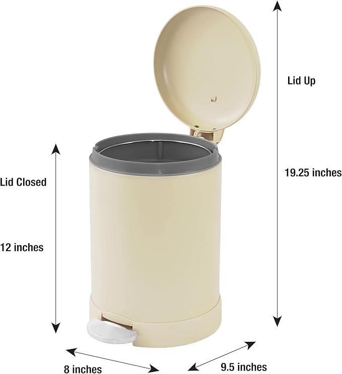 Glad Small Trash Can, 1.2 Gallon | Round Stainless Steel Garbage Bin with Soft Close Lid & Step Foot Pedal | Metal Waste Basket with Removable Inner Bucket, Almond