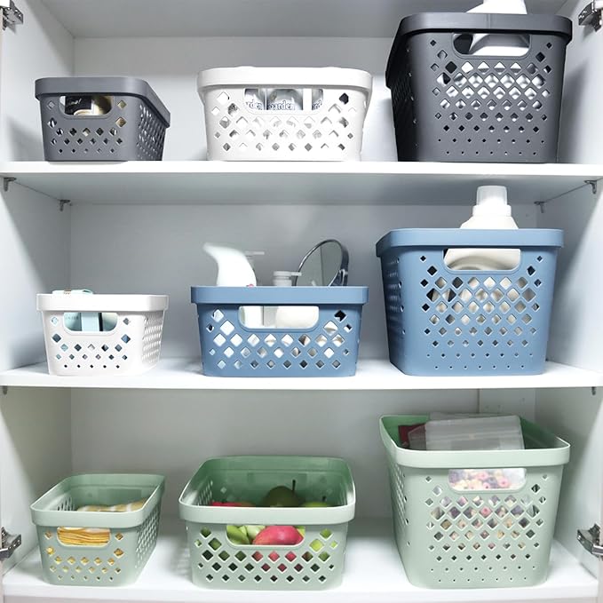 Glad Plastic Storage Basket Set, Value Pack of 6 | Open Storage Bins for Shelves, Bathroom, Pantry, Closet | Nesting Organizer Boxes with Handles, 2 Gallon, Grey