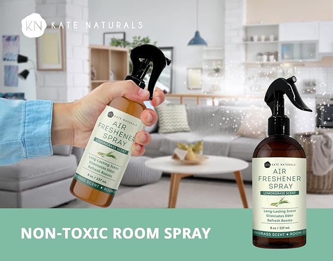 Kate Naturals Air Freshener Spray for Home. Lemongrass Essential Oil Odor Eliminator Room Freshener Spray for Pillows, Bedding, Linen (8 fl oz, Pet Safe, Non-Toxic)