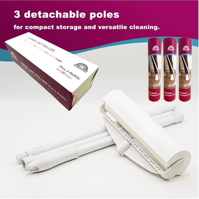RainbowZone Large Lint Rollers plus 3 Rolls 9.5'' Extra Wide Total 300 sheets Giant Lint Roller Refills with 3 Extendable Long Handle for Pet Hair Removal and Household Cleaning (1 Roller + 3 Refills)