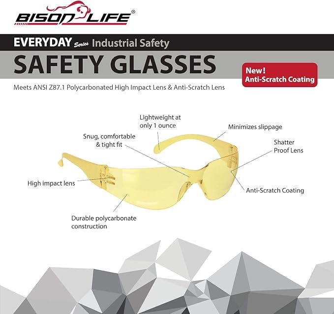 BISON LIFE Safety Glasses - Scratch Resistant Wrap Around Eyewear, Polycarbonate ANSI Z87.1 Impact Resistant Lens