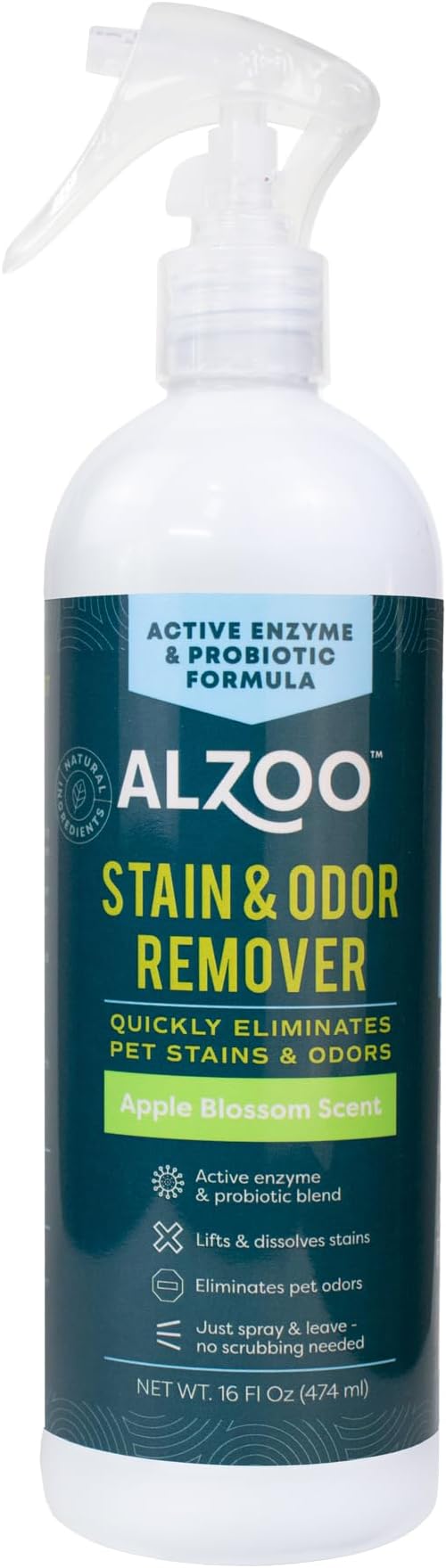ALZOO Stain & Odor Remover, Quickly Lifts & Dissolves Pet Stains & Helps Eliminate Odors, 100% Plant-Based Active Ingredients, Apple Blossom Scent, 16 Fl. Oz Spray Bottle