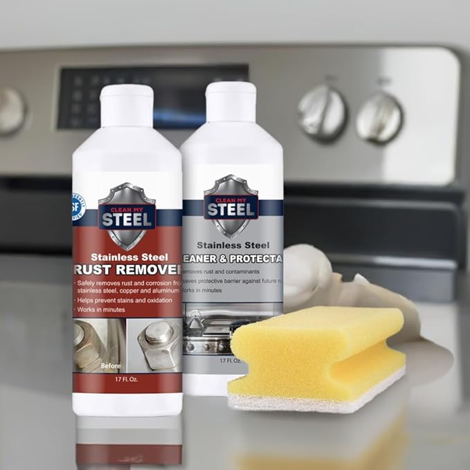CLEAN MY STEEL Stainless Steel Rust Stain Remover, Protector & Cleaner Kit, Concentrated Formula, for Commercial Use, Appliances. Gloves & Sponge Included (17 oz)