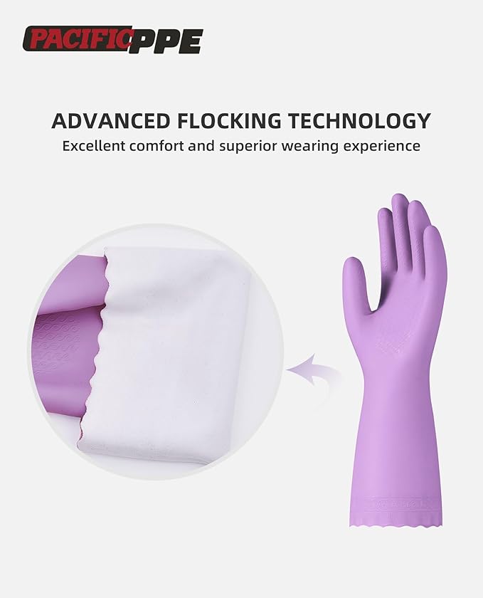 PACIFIC PPE 4 Pairs Reusable Dishwashing Cleaning Gloves with Latex Free, Cotton Lining, Kitchen Gloves, Purple, Medium