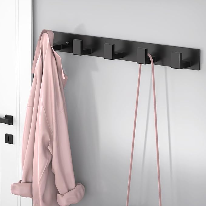 PMMASTO Coat Rack Wall Mount, Coat Hooks Wall Hooks for Hanging, Stainless Steel Coat Hanger Towel Hooks for Bathrooms, Hat Rack (Black 5 Hooks, 2 Pack)