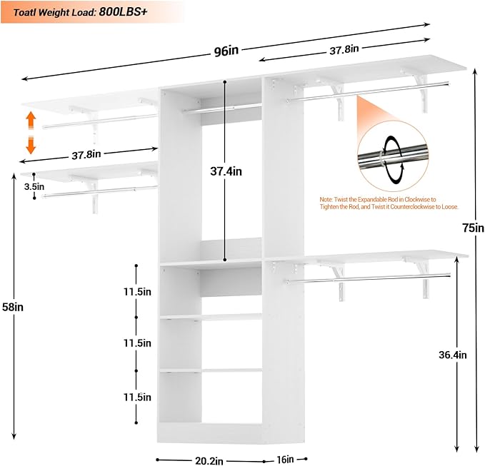 8FT Closet System with Shelves, 96'' Closet Organizer System with 3 Hanging Rods, Wall Mount Bedroom Wardrobe Walk-in Closet, Adjustable Cloth Garment Rack from 5 to 8FT (Cut to Fit), White