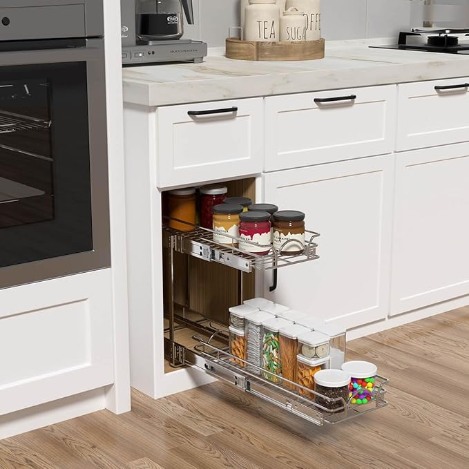 OCG 2 Tier Pull Out Cabinet Organizer (9.5" W x 21" D), Pull Out Drawers for Kitchen Cabinets, Pull Out Shelves for Base Cabinet Organization in Kitchen Bathroom Pantry, Chrome Finish