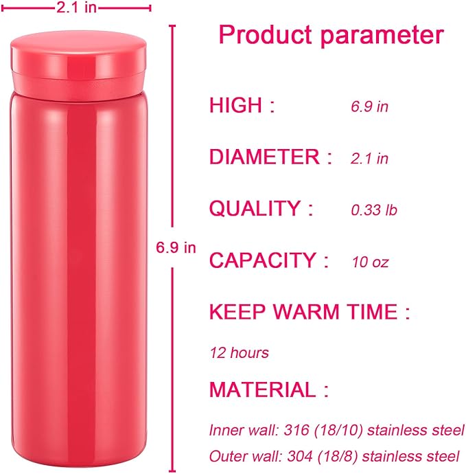 10oz Mini Water Bottle Stainless Steel Thermos Small Flask - Insulated Vacuum, Leak Proof, Keeps Drinks Hot/Cold - Ideal for Coffee, Tea, Water - Rose Red