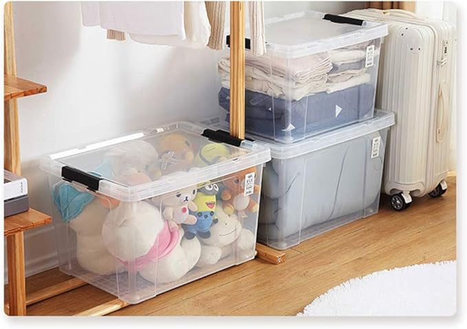 Ggbin 34 Quart Clear Lidded Storage Container Tote, Plastic Storage Box Bin with Black Latch, 4 Packs