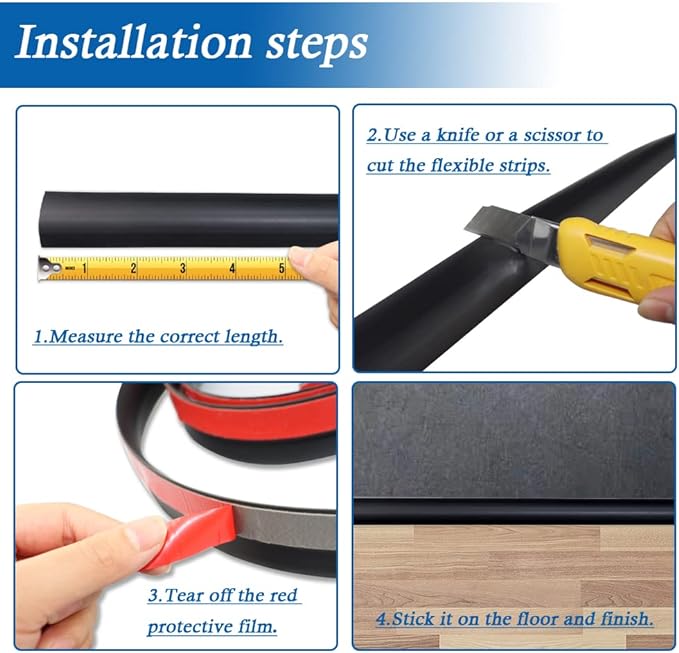Floor Transition Strip Self Adhesive Carpet & Flooring Transitions Edging Trim Strip PVC Threshold Transitions Suitable for Threshold Height Less Than 5mm (3.3Ft, Black)