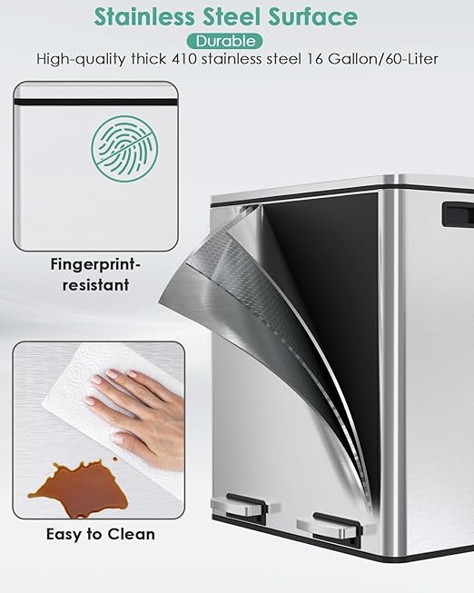 AthLike 60L(16 Gal) Dual Trash Can, Stainless Steel Kitchen Garbage Can, Double Compartment Classified Rubbish Bin, Recycle Dustbin w/Plastic Inner Buckets, Soft-Close Lid, Airtight, Silver