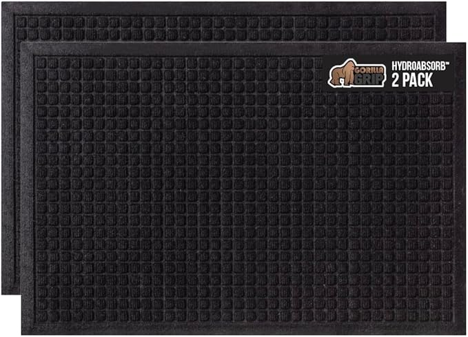 GORILLA GRIP Front Door Mat, 35x23, Indoor Outdoor Ultra Absorbent HydroAbsorb Doormat, Absorbs Up to 5.7 Cups of Water, Stain and Fade Resistant, Rubber Backing Doormats, 2 Pack, Black