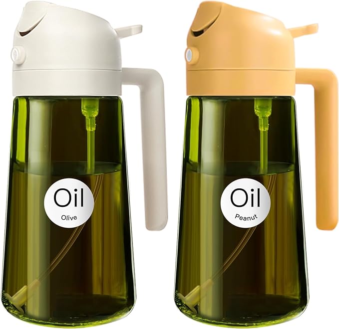 YARRAMATE 2PCS 16oz/470ml Oil Sprayer for Cooking with Stickers, Food-Grade 2 in 1 Olive Oil Dispenser Bottle for Kitchen, Premium Dark Green Glass Oil Bottle for Air Fryer, BBQ(White & Orange)