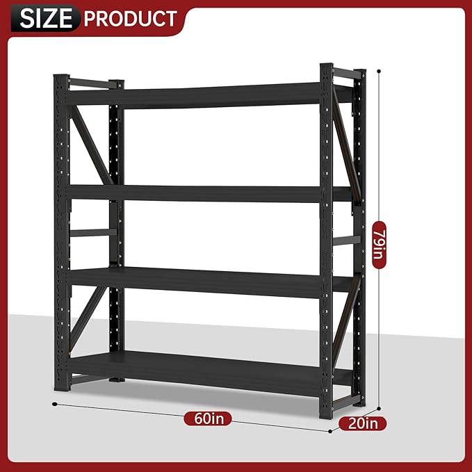 60" W Storage Shelves Heavy Duty, 4 Tier Metal Garage Shelving Units, 5000LBS Heavy Duty Adjustable Shelf, Garage Storage Rack, Industrial Shelving for Shop, Warehouse,60" W x 20" D x 79" H