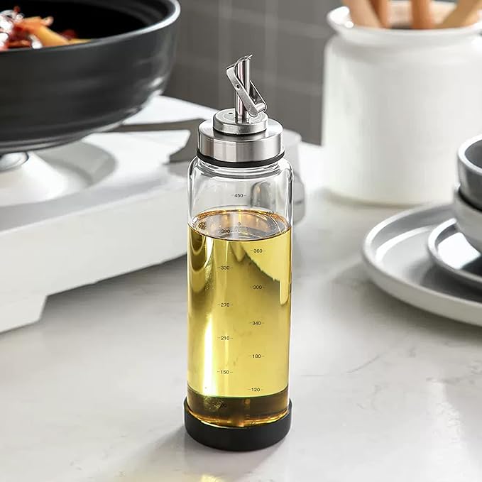 Suli Glass Olive Oil Dispenser Bottle -2 Pack17oz Oil and Vinegar Cruet Set with Steel Spouts and Labels for Kitchen Cooking, Salad Dressing, and BBQ (Silver)