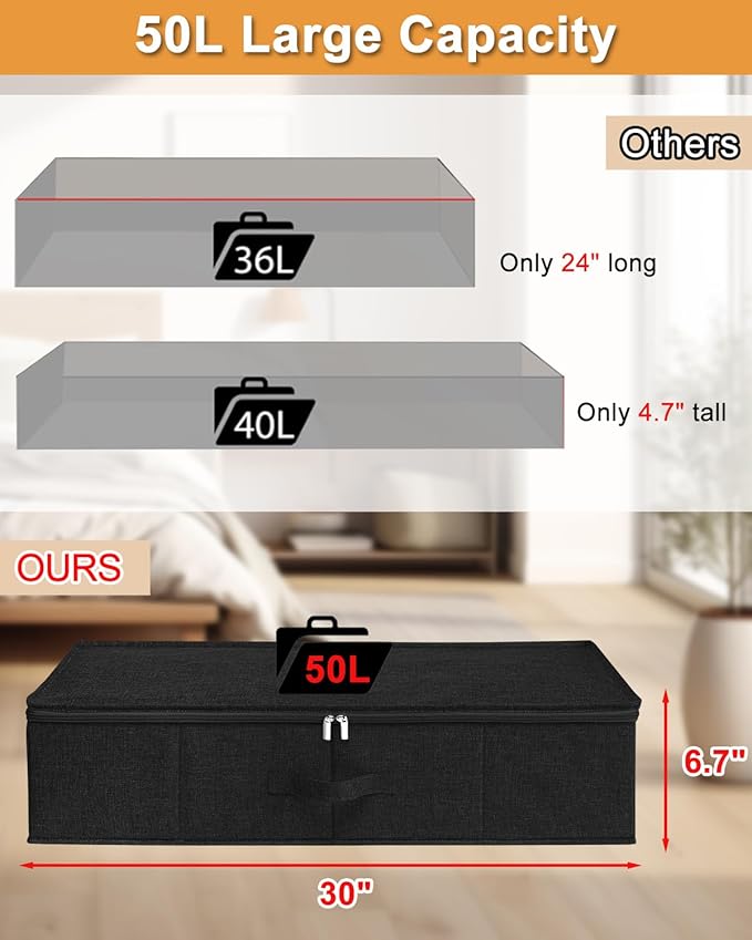 Under Bed Storage Container, 3 Pack Underbed Storage Bags With Lid, Foldable Sturdy Clothes Storage Organizer W/ 3 Handles, Ultra Thick Fabric Blanket Shoe Storage Box, 30x15x6.7inch, Black, 50L