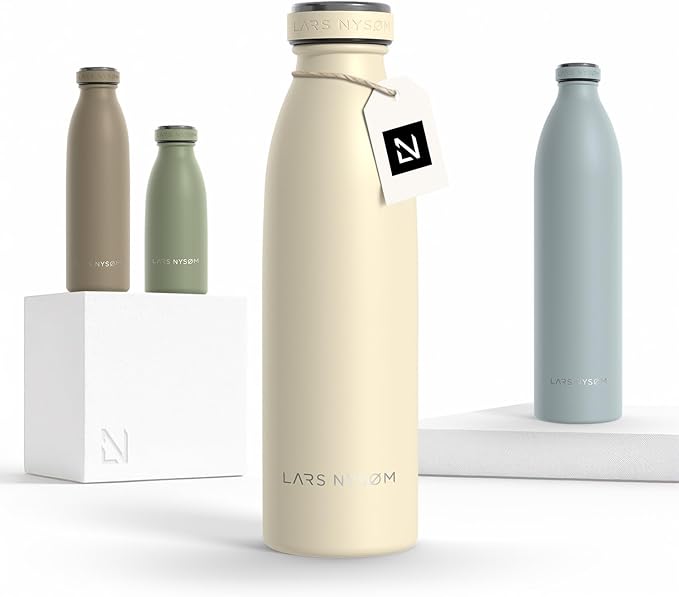 LARS NYSØM Stainless Steel Insulated Water Bottle 12oz 17oz 25oz 34oz 51oz | Insulated Thermo Flask for Hot and Cold Beverages | Leakproof Drinking Bottle (Almond Beige, 17oz)