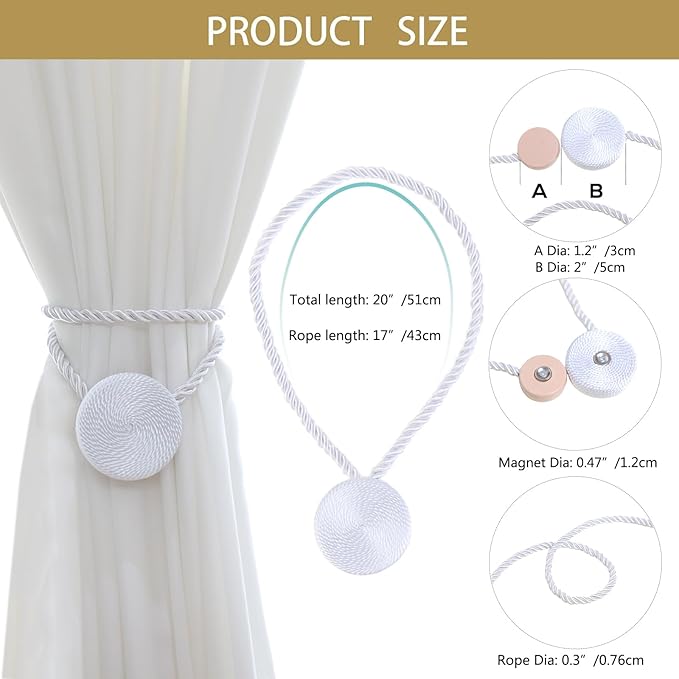 Magnetic Curtain Tiebacks - 12mm Magnetic Tie Backs for Curtains, Heavy Duty No Drill Curtain Holdbacks for Home/Office Windows Drapes, Elegant Gift-Ready Design 7 Colors (4, White)