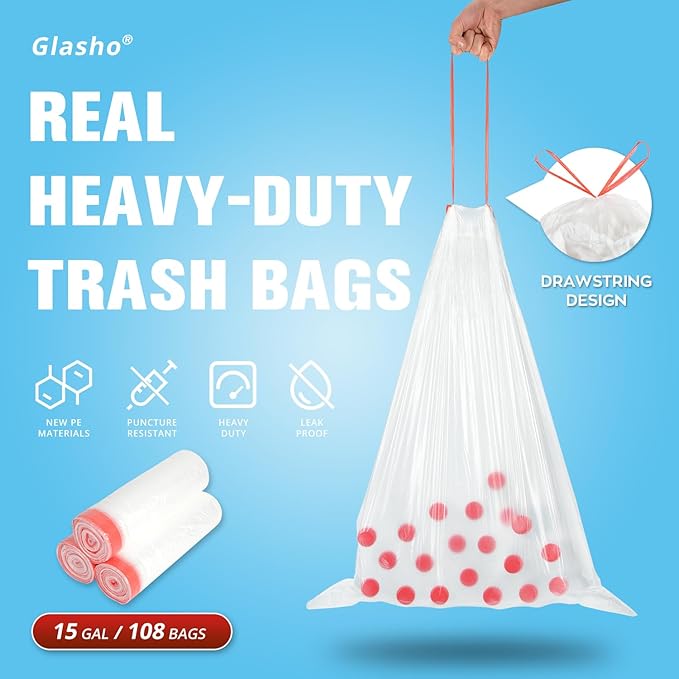 Heavy Duty 15 Gallon Drawstring Trash Bags, 108 Count Ultra Thick Strong Plastic Garbage Bags, Clear Unscented Trash Can Liners for Tall Kitchen Office Lawn Yard