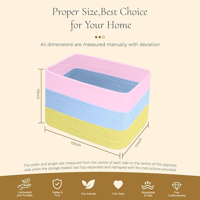 Hopegiver Woven Storage Baskets 15x11x10 Inch, 1 Pack Collapsible Cube Storage Bin for Shelves - Foldable Cotton Rope Organizer Bins for Towels, Toys, Books, Closet, Nursery (Pink Blue Yellow)