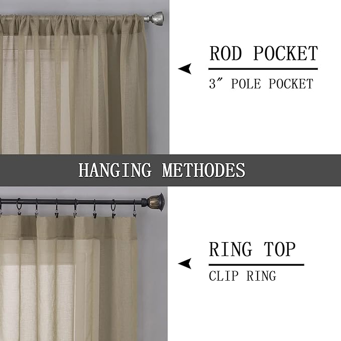 Tollpiz Sheer Curtains Linen Textured Living Room Curtain Sheers Light Filtering Rod Pocket Voile Curtains for Bedroom, 42 x 63 inches Long, Taos Taupe, Set of 2 Panels