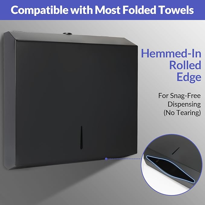 Paper Towel Dispenser Wall Mount, Matte Black Stainless Steel Commercial Paper Towel Holder with Lock, Large Capacity 250 C Fold/300 Multifold Towels