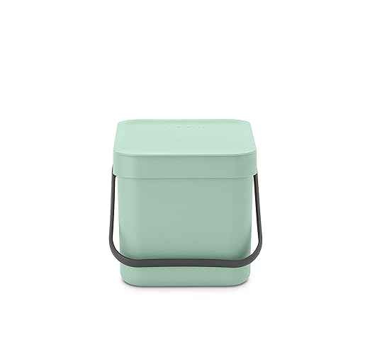 Brabantia Sort & Go Food Trash Can (1.6 Gal/Jade Green) Small Countertop Kitchen Compost Caddy with Handle & Removable Lid, Easy Clean, Fixtures Included for Wall/Cupboard Mounting