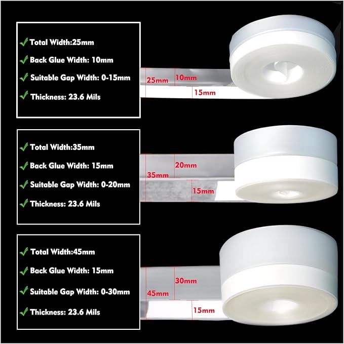 Silicone Seal Weather Stripping Tape 16.5 Ft Strip Bottom Draft Insulation Stopper Tape Weatherproof Soundproof for Door or Window Bathroom Shower Glass Gaps（35mm*5m）